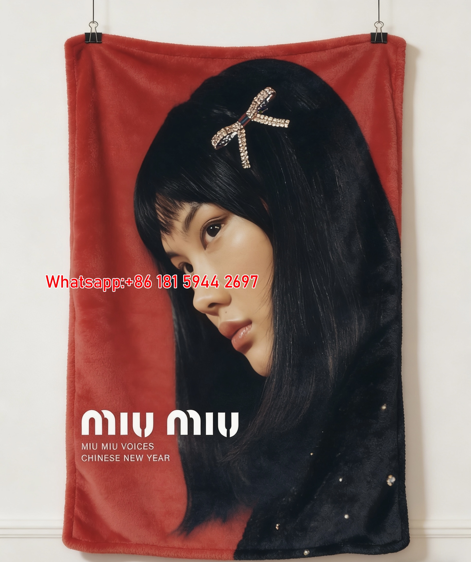 Miu Miu Red & Black Chinese New Year Bow Hair Clip Portrait Printed Flannel Sofa Throw Blanket IMG_0469